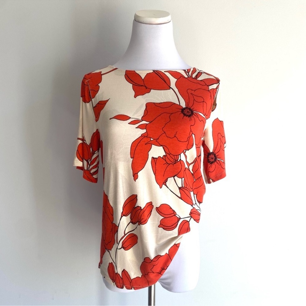 Chico's Ivory Orange Floral Pattern Peek-a-Boo Short Sleeves Blouse